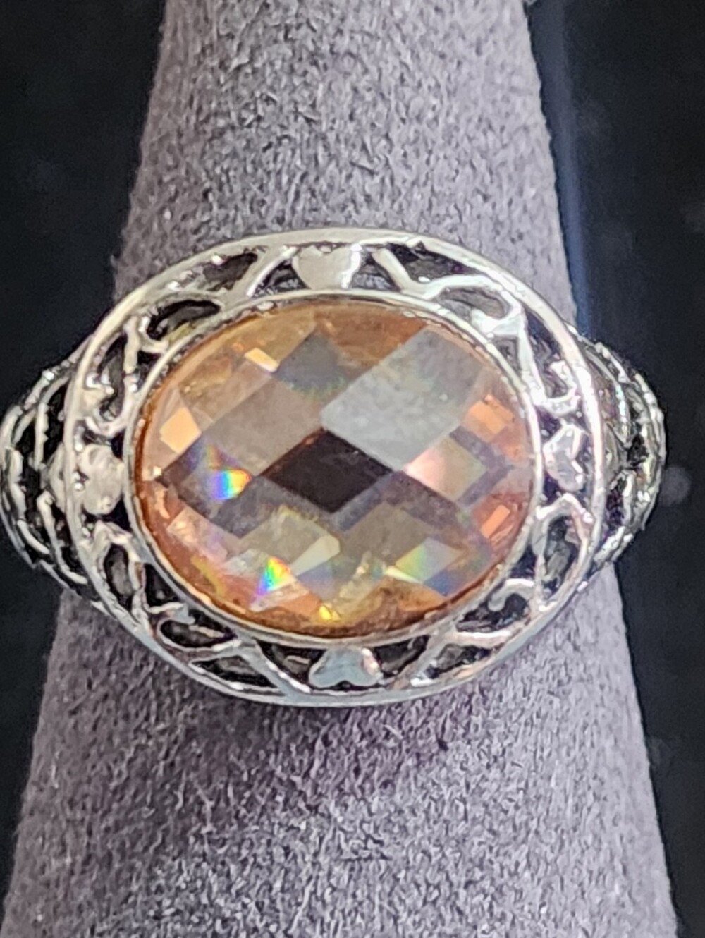 Vintage Sterling Silver Citrine Oval Filigree Statement Ring 925 With Hearts